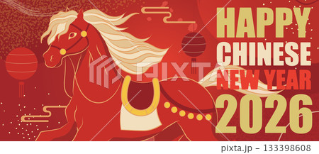 Chinese New Year 2026 Running Horse Banner with Red and Gold Lanterns, Lunar Festival Ornaments and Traditional Asian Zodiac Illustration 133398608