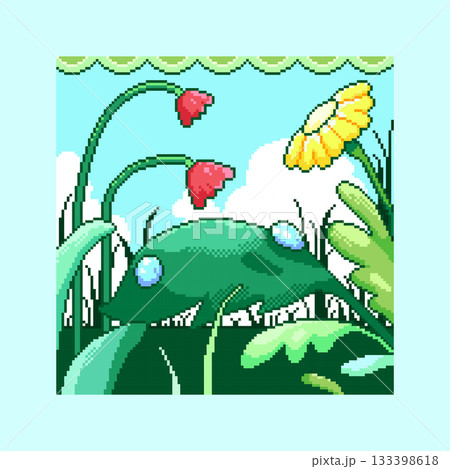 Pixel Art Floral Meadow Close Up Background with Dew Drops, Leaves, Flowers, Garden Nature Scene in 8 bit Retro Style Decorative Illustration 133398618