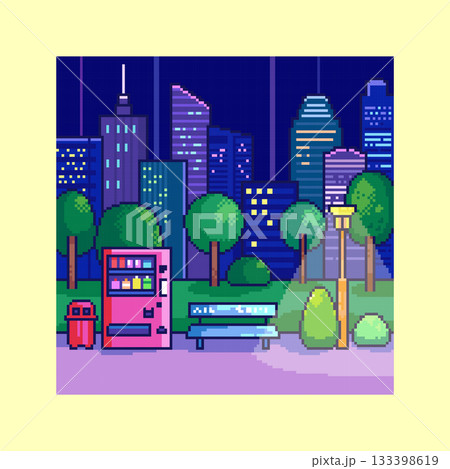 Pixel Art Night City Park Background with Vending Machine, Skyscrapers, Bench, Trees and Retro 8 bit Urban Scene for Decorative Screens Pixel Art Night City Park Background with Vending Machine, Skyscrapers, Bench, Trees and Retro 8 bit Urban Scene for Decorative Screens 133398619