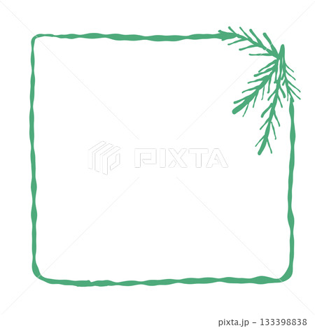 Green pine corner winter frame hand drawn holiday border minimal Christmas greenery sketch simple cozy journaling frame for cards planners and festive notes 133398838
