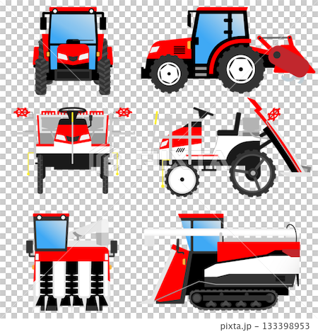 Front and side views of tractors, rice transplanters, and combine harvesters (agricultural machinery) 133398953