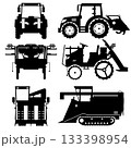 正面、横から見たトラクター、田植え機、コンバイン（農業機械）の白黒シルエット 133398954