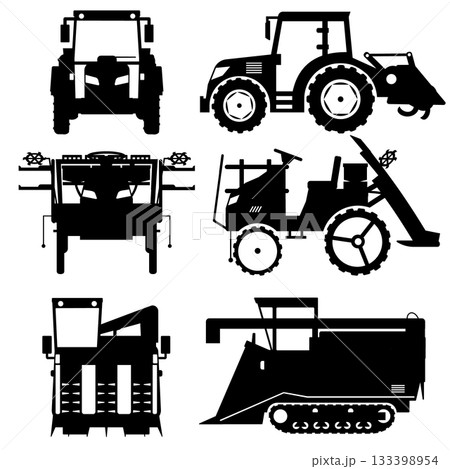 正面、横から見たトラクター、田植え機、コンバイン(農業機械)の白黒シルエット 正面、横から見たトラクター、田植え機、コンバイン(農業機械)の白黒シルエット 133398954