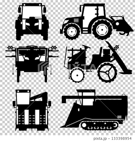正面、横から見たトラクター、田植え機、コンバイン(農業機械)の白黒シルエット 正面、横から見たトラクター、田植え機、コンバイン(農業機械)の白黒シルエット 133398954