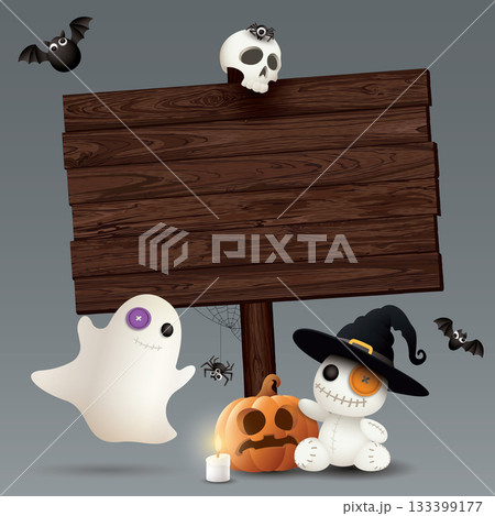 Blank wooden signboard posts and 3D cute Halloween's cartoon character with gray square background graphic illustration. Blank wooden signboard posts and 3D cute Halloween's cartoon character with gray square background graphic illustration. 133399177