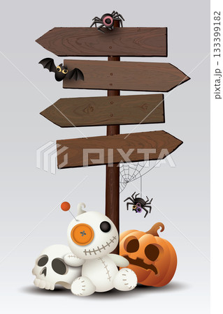 Blank old wooden direction sign isolated with 3D cute halloween's elements decorated on gray background graphic illustration. Blank old wooden direction sign isolated with 3D cute halloween's elements decorated on gray background graphic illustration. 133399182