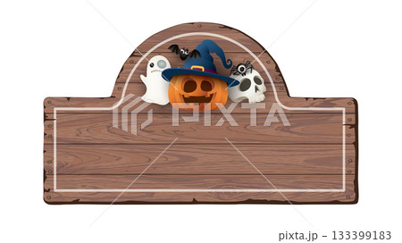 Blank old wooden signboard isolated with 3D cute halloween's cartoon character decorated graphic illustration. 133399183