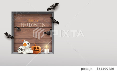 Concrete wall and square hole at left area have cut timber panels behind with cute Halloween elements decoration graphic illustration have blank space. Concrete wall and square hole at left area have cut timber panels behind with cute Halloween elements decoration graphic illustration have blank space. 133399186