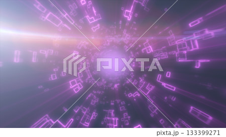 Soft pastel pink holographic tunnel with gentle glowing digital fragments drifting toward the light 133399271