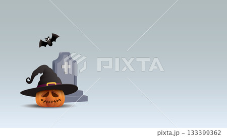 Minimalist, Halloween light gray background with 3D pumpkin Jack-O'-Lantern, bat and gravestone graphic illustration have blank space. Minimalist, Halloween light gray background with 3D pumpkin Jack-O'-Lantern, bat and gravestone graphic illustration have blank space. 133399362