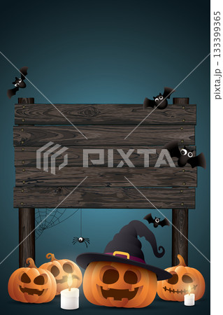 Wooden signboard posts with 3D pumpkin Jack-O'-Lantern, bat candle, and spider Halloween night vertical background graphic illustration have blank space. Wooden signboard posts with 3D pumpkin Jack-O'-Lantern, bat candle, and spider Halloween night vertical background graphic illustration have blank space. 133399365