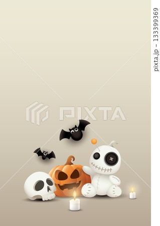 3D cute Voodoo doll, pumpkin Jack-O'-Lantern, skull, candle and bats for Halloween theme brown vertical background graphic illustration have blank space. 133399369