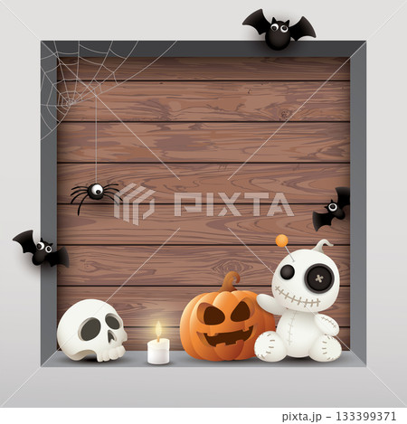Concrete wall and square hole have cut timber panels behind with cute Halloween elements decoration graphic illustration have blank space. 133399371