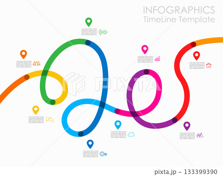 Colorful winding timeline infographic with icons and text boxes for process visualization, planning, or presentation use. Vector. Colorful winding timeline infographic with icons and text boxes for process visualization, planning, or presentation use. Vector. 133399390