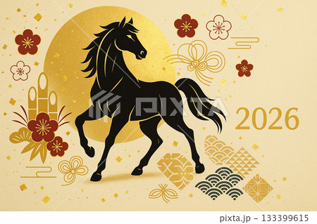 2026年・午年の金箔和風年賀状イラスト(黒い馬と和柄) 2026年・午年の金箔和風年賀状イラスト(黒い馬と和柄) 133399615