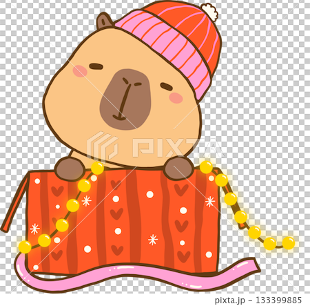 Kawaii Christmas Capybara with Striped Hat in Gift Box Cartoon Hand Drawn 133399885