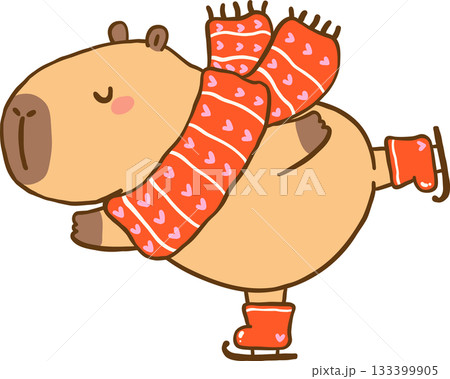Kawaii Winter Capybara Ice Skating Cartoon Hand Drawn 133399905