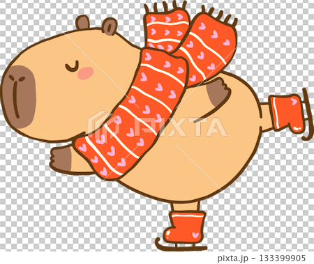 Kawaii Winter Capybara Ice Skating Cartoon Hand Drawn 133399905