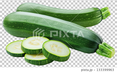 Fresh green zucchini with slice isolated on white background png transparent clipart. 133399963