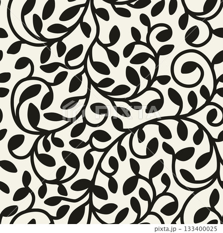 Black and White Leaf Pattern Seamless Vector, Neutral Monochrome Minimal Organic Floral Wallpaper Background or Fabric Textile Design Backdrop, Isolated Illustration 133400025