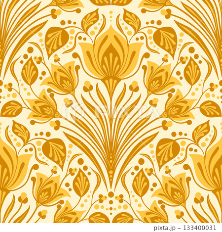 Yellow Traditional Vintage Damask Vector Seamless Pattern, Fantasy Floral Garden for Italian Renaissance Textile Design, Ancient Art Nouveau Wallpaper Background, Retro Cultural Heritage Backdrop Yellow Traditional Vintage Damask Vector Seamless Pattern, Fantasy Floral Garden for Italian Renaissance Textile Design, Ancient Art Nouveau Wallpaper Background, Retro Cultural Heritage Backdrop 133400031