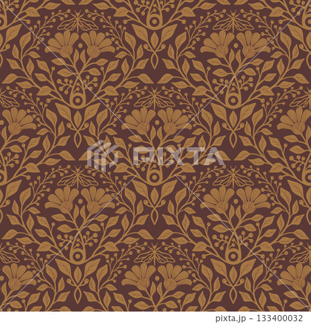 Brown Vintage Damask Vector Seamless Pattern, Fantasy Foliage Floral Garden for Italian Renaissance Textile Design, Ancient Art Nouveau Wallpaper Background, Retro Intricate Cultural Heritage Backdrop 133400032