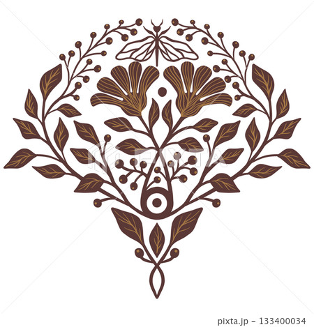 Brown Art Nouveau Isolated Vector Floral Shape for Traditional Damask Pattern Design 133400034