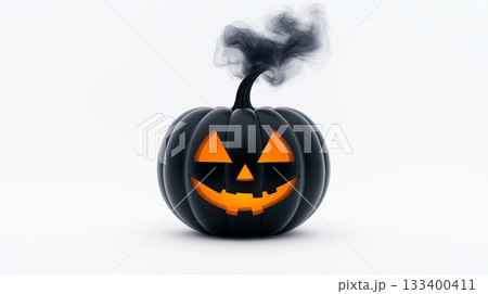 Halloween pumpkin with spooky smoke and glowing face on a white background 133400411
