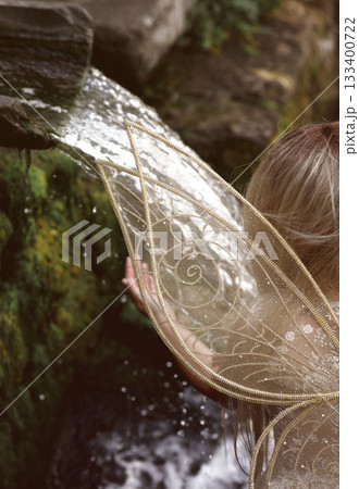 close up of fairy costume, fairy wings. fairy wings of golden color 133400722