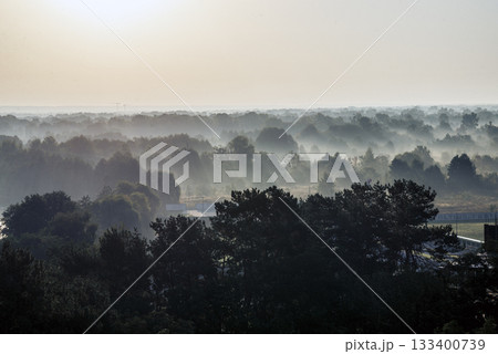 foggy landscape, above deciduous forest, early morning. foggy landscape, above deciduous forest, early morning. 133400739