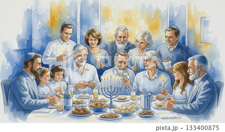 A beautiful watercolor illustration of a large Jewish family celebrating Hanukkah. The scene is warm and joyous, perfect for holiday greetings, cultural articles, or family themes. 133400875
