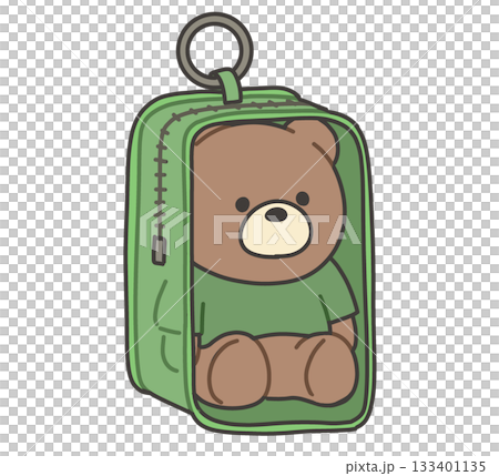 Illustration of a teddy bear wearing a green T-shirt in a green transparent pouch 133401135