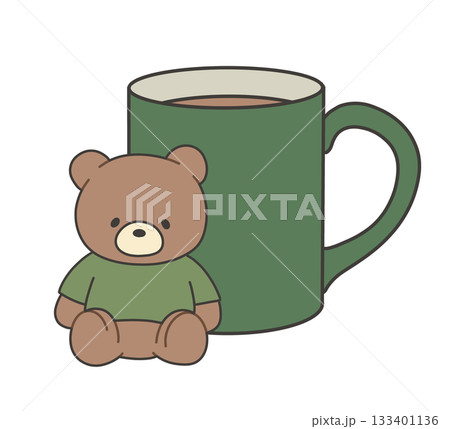 緑のマグカップと緑Tシャツのクマのぬいぐるみのイラスト 133401136