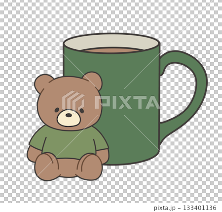 Illustration of a teddy bear wearing a green mug and a green T-shirt 133401136