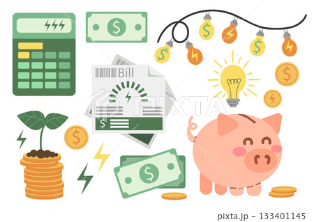 Saving energy and money. Saving bills. Set of money-related icons. Utility bills, piggy bank, calculator. Flat style illustrations. 133401145