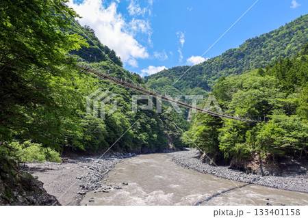 深い山あいの寸又川にかかる吊橋の猿並橋 133401158