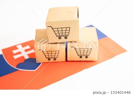 Online shopping, Shopping cart box on Slovakia flag, import export, finance commerce. 133401446