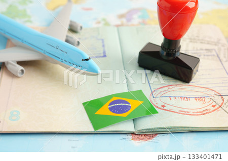Brazil passport with approved stamp on document for tourism to immigration at airport in country. 133401471