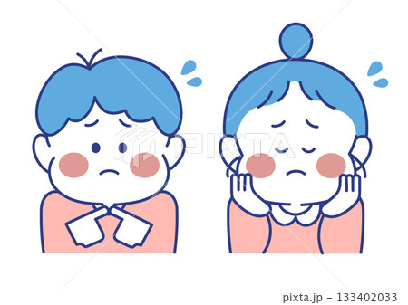 子ども　表情　イラスト　男女 　恥ずかしがり屋　ポーズ 133402033