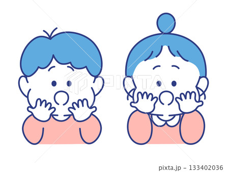子ども　表情　イラスト　男女 　びっくり　ポーズ 133402036