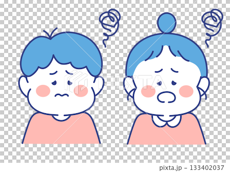 Children's facial expressions, illustrations, men and women, troubled poses 133402037