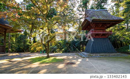 朝の飯高寺　鼓楼と色づき始めたモミジ　千葉県 133402143