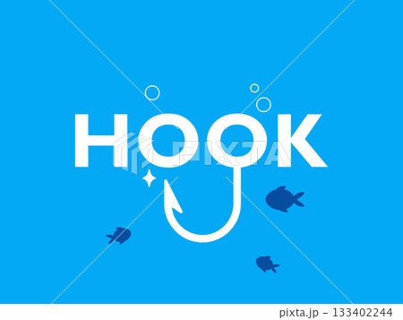 Hook Word Logo Design with Fishing Hook and Small Fishes Under Water 133402244