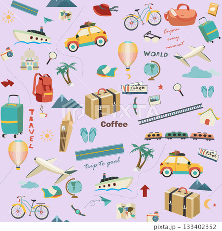 Cute Seamless Pattern with Travel vacation and Transportation Icons. Seamless pattern featuring random travel and vacation themed icons against a soft light purple or lavender background. Cute Seamless Pattern with Travel vacation and Transportation Icons. Seamless pattern featuring random travel and vacation themed icons against a soft light purple or lavender background. 133402352