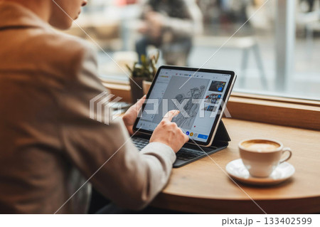 カフェでタブレットを使いデザイン作業をするクリエイターのライフスタイル写真 133402599
