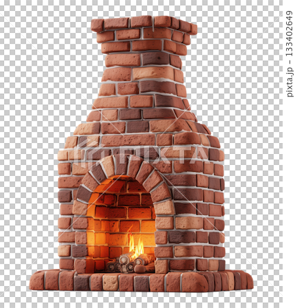 Traditional Brick Fireplace with Glowing Fire 133402649