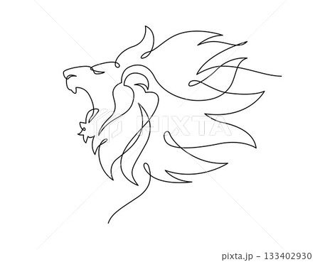 Lion roaring portrait side face, Continuous line art drawing style, Design template linear minimal style. Vector design illustration. 133402930
