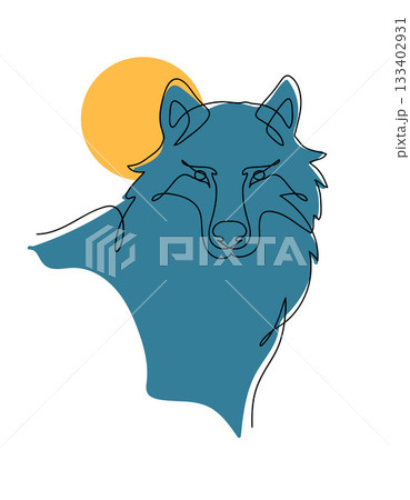 Wolf portrait front face, Continuous line art drawing style, Design template linear and color abstract minimal style. Vector illustration. 133402931