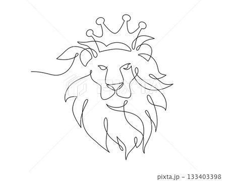 Continuous line drawing of lion head wearing a crown. Front view single linear decorative design concept. Lion abstract linear minimal style, Hand drawn isolated on white background. Vector. 133403398