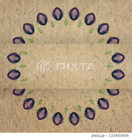Purple watercolor decorative elements arranged in circular frame on vintage recycled paper background, textured rustic surface with handmade aesthetic for creative design and retro style decorations Purple watercolor decorative elements arranged in circular frame on vintage recycled paper background, textured rustic surface with handmade aesthetic for creative design and retro style decorations 133403936